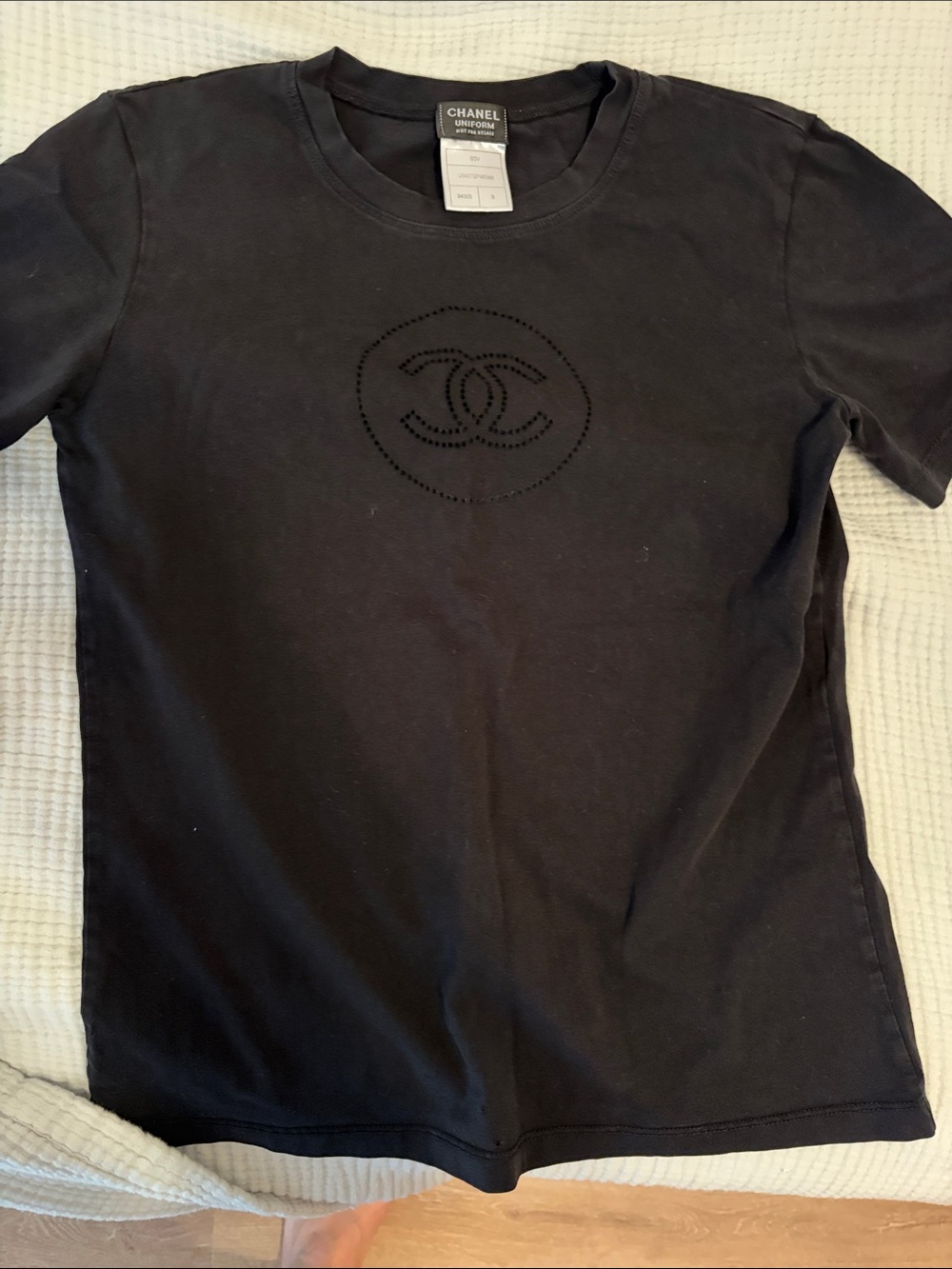 CHANEL Black Kids Short-Sleeve Cotton Tee with Perforated Logo